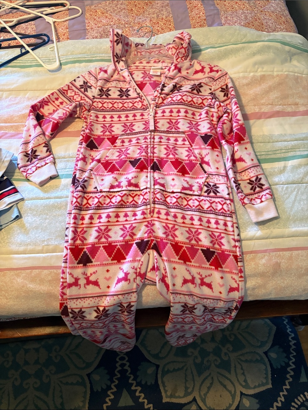 Cat & Jack Pink and Red Fair Isle Hooded Footie Pajamas